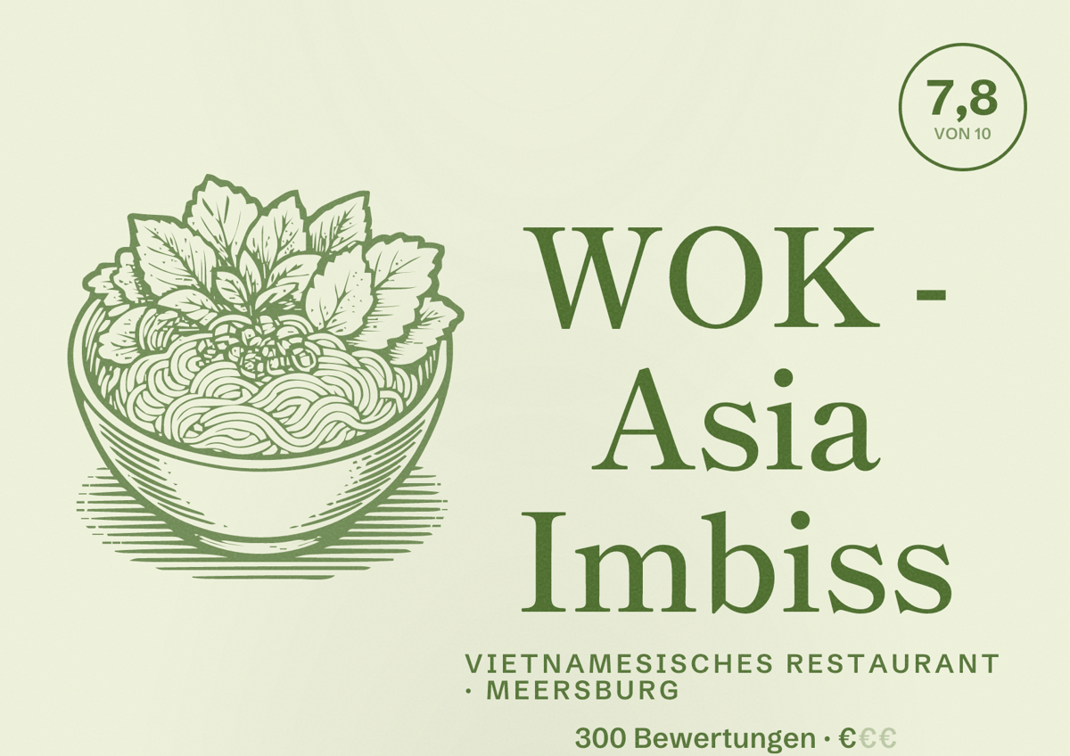 Illustriertes Poster von WOK - Asia Imbiss, Vietnamesisches Restaurant in Meersburg: Bewertung 7,8 von 10 aus 300 Bewertungen, Preisniveau €