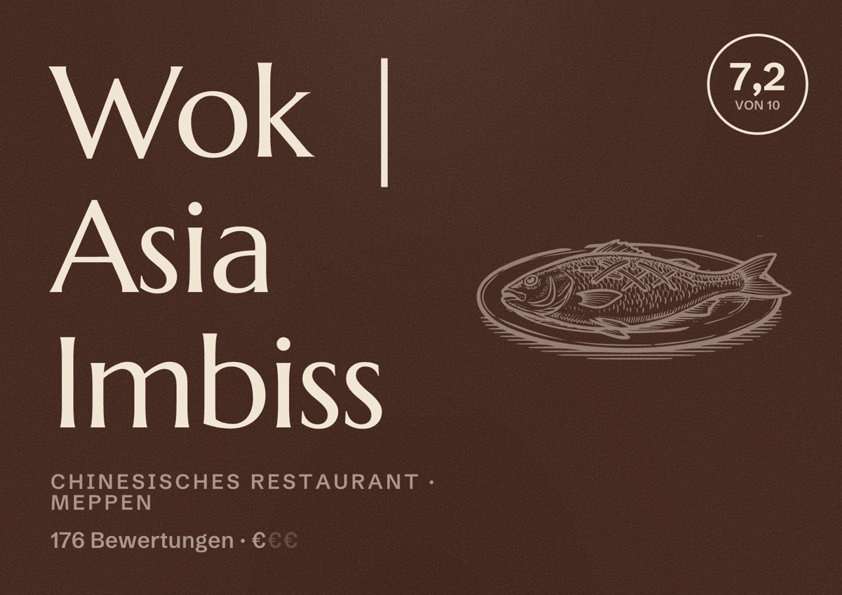 Illustriertes Poster von Wok | Asia Imbiss, Chinesisches Restaurant in Meppen: Bewertung 7,2 von 10 aus 176 Bewertungen, Preisniveau €