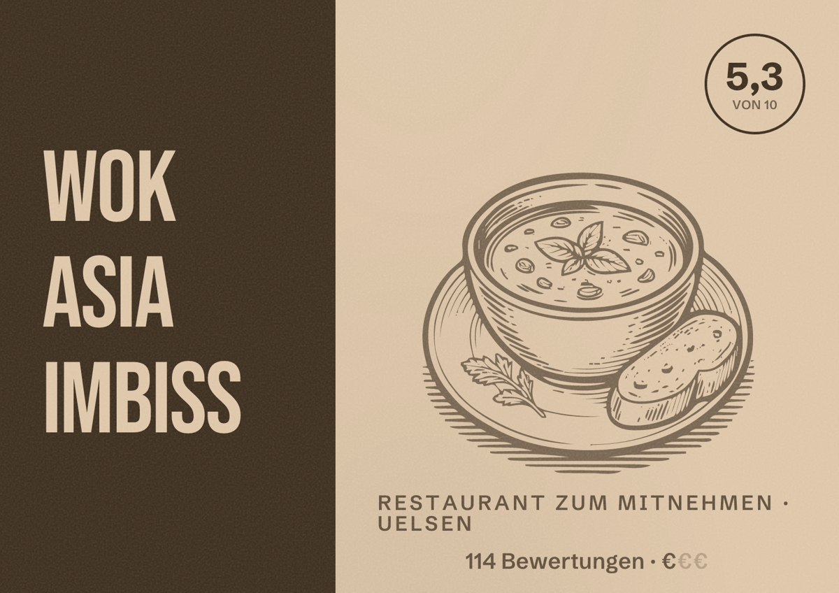 Illustriertes Poster von WOK Asia Imbiss, Restaurant zum Mitnehmen in Uelsen: Bewertung 5,3 von 10 aus 114 Bewertungen, Preisniveau €