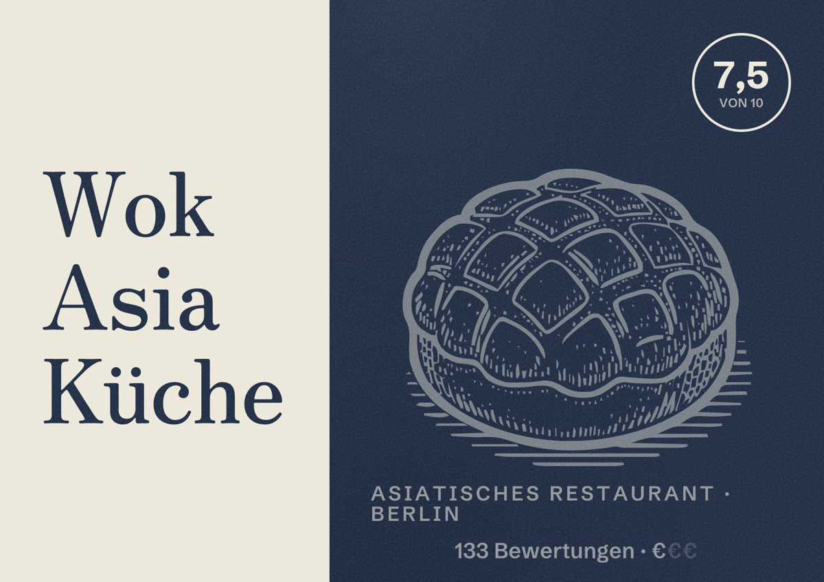 Illustriertes Poster von Wok Asia Küche, Asiatisches Restaurant in Berlin: Bewertung 7,5 von 10 aus 133 Bewertungen, Preisniveau €