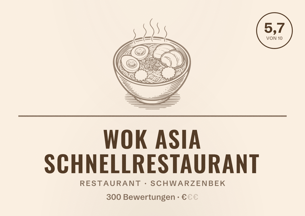 Illustriertes Poster von Wok Asia Schnellrestaurant, Restaurant in Schwarzenbek: Bewertung 5,7 von 10 aus 300 Bewertungen, Preisniveau €