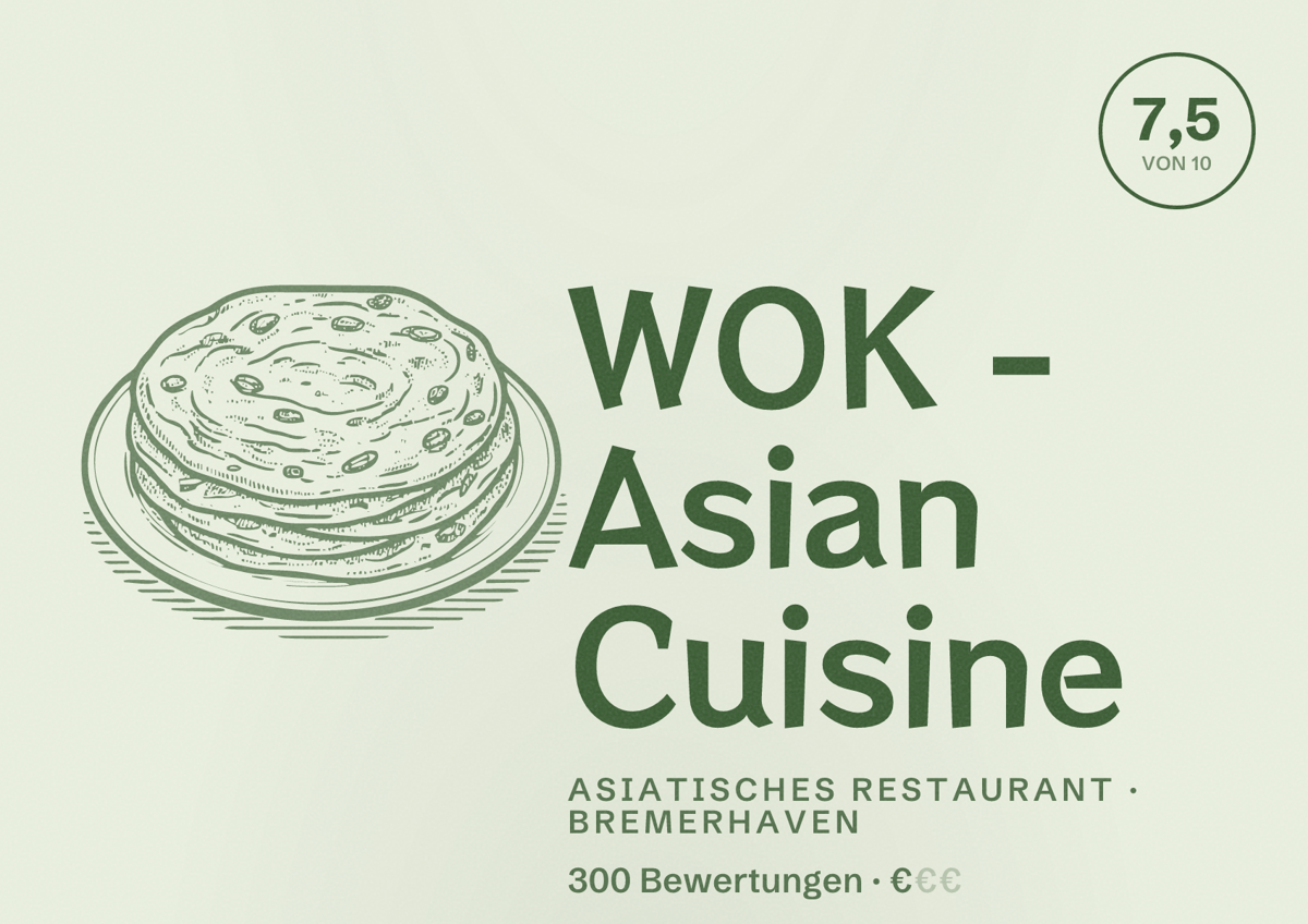 Illustriertes Poster von WOK - Asian Cuisine, Asiatisches Restaurant in Bremerhaven: Bewertung 7,5 von 10 aus 300 Bewertungen, Preisniveau €