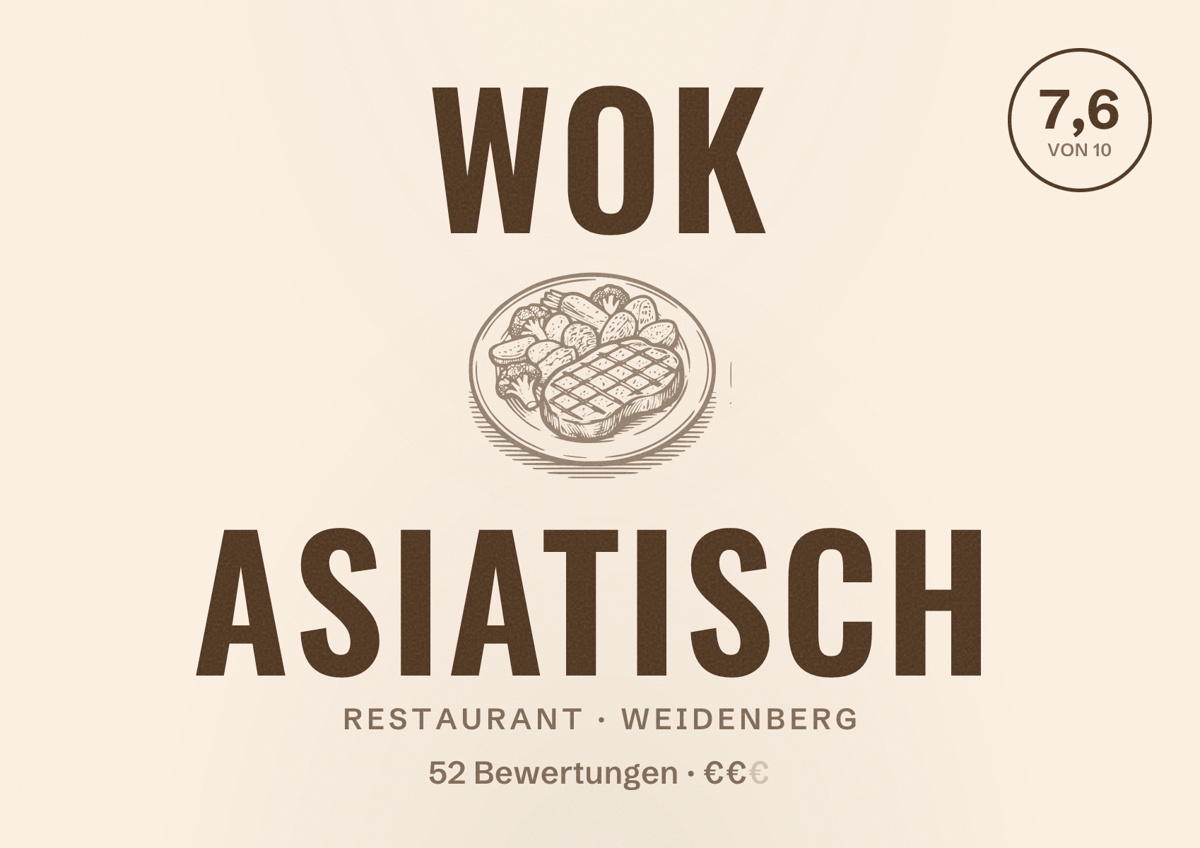 Illustriertes Poster von Wok AsiaTisch, Restaurant in Weidenberg: Bewertung 7,6 von 10 aus 52 Bewertungen, Preisniveau €€