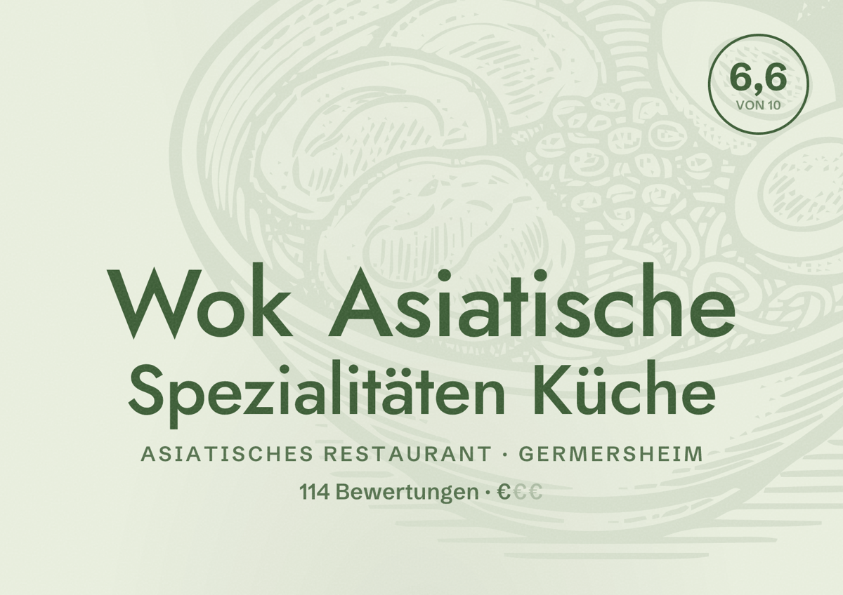 Illustriertes Poster von Wok Asiatische Spezialitäten Küche, Asiatisches Restaurant in Germersheim: Bewertung 6,6 von 10 aus 114 Bewertungen, Preisniveau €