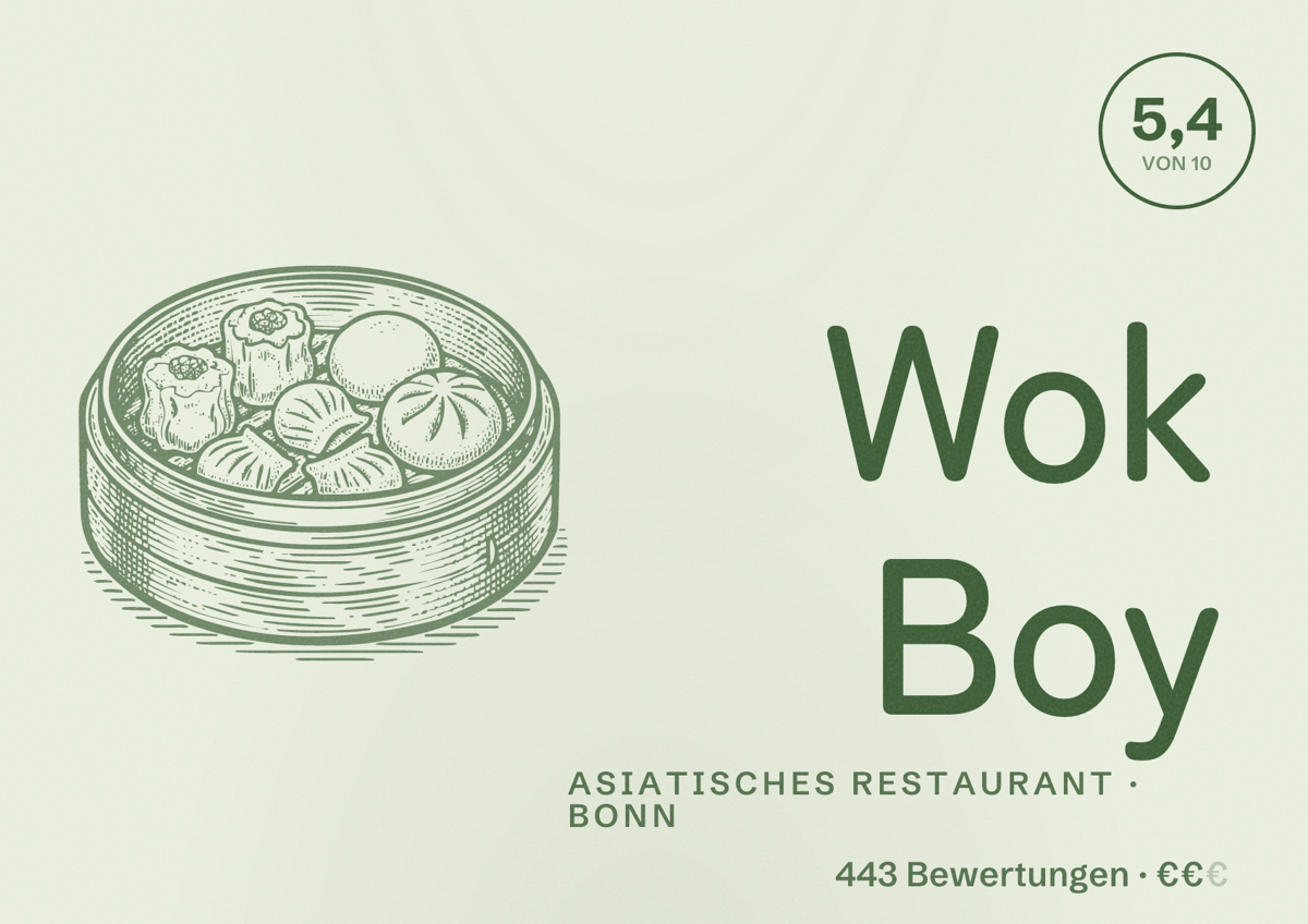 Illustriertes Poster von Wok Boy, Asiatisches Restaurant in Bonn: Bewertung 5,4 von 10 aus 443 Bewertungen, Preisniveau €€