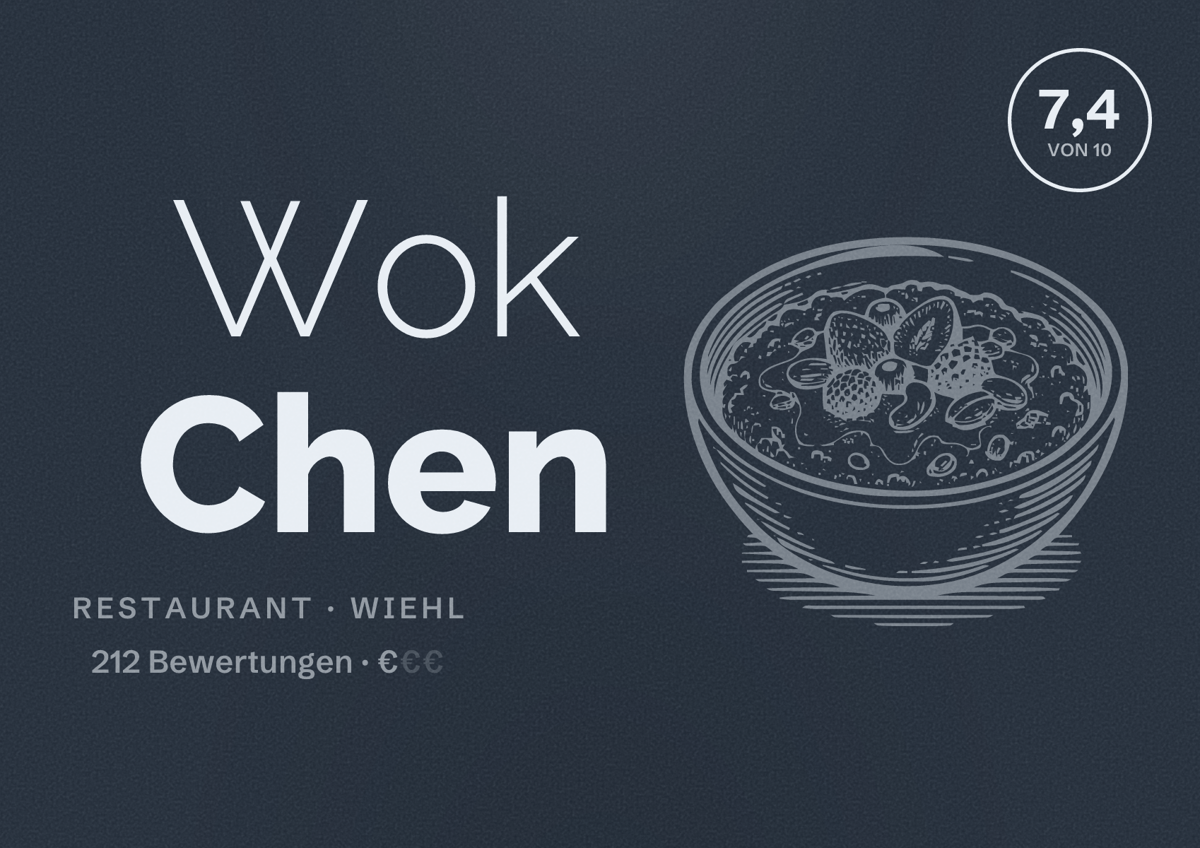 Illustriertes Poster von Wok Chen, Restaurant in Wiehl: Bewertung 7,4 von 10 aus 212 Bewertungen, Preisniveau €