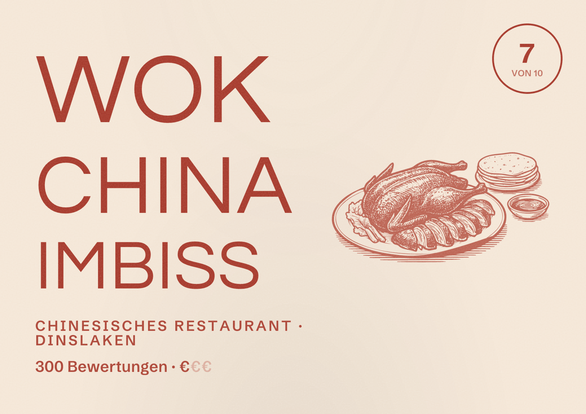 Illustriertes Poster von WOK China Imbiss, Chinesisches Restaurant in Dinslaken: Bewertung 7 von 10 aus 300 Bewertungen, Preisniveau €