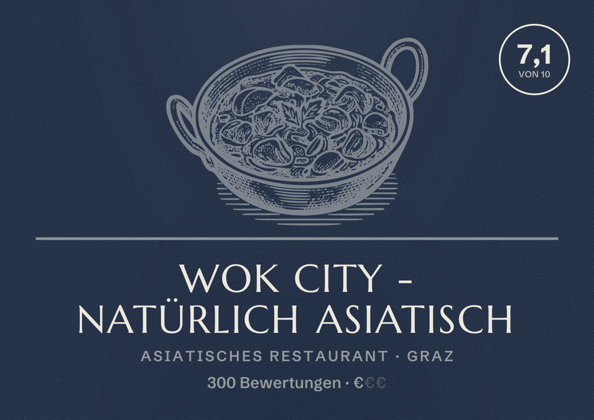 Illustriertes Poster von Wok City - NATÜRLICH ASIATISCH, Asiatisches Restaurant in Graz: Bewertung 7,1 von 10 aus 300 Bewertungen, Preisniveau €