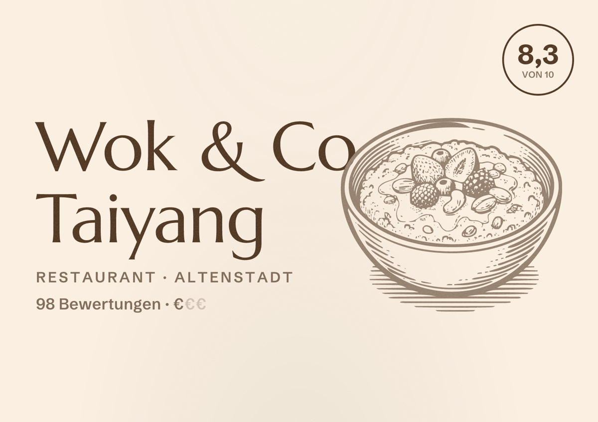 Illustriertes Poster von Wok & Co Taiyang, Restaurant in Altenstadt: Bewertung 8,3 von 10 aus 98 Bewertungen, Preisniveau €