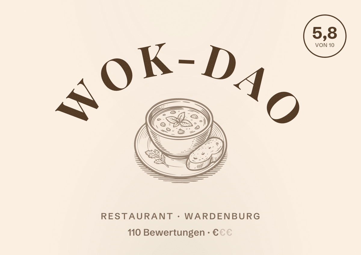 Illustriertes Poster von Wok-Dao, Restaurant in Wardenburg: Bewertung 5,8 von 10 aus 110 Bewertungen, Preisniveau €
