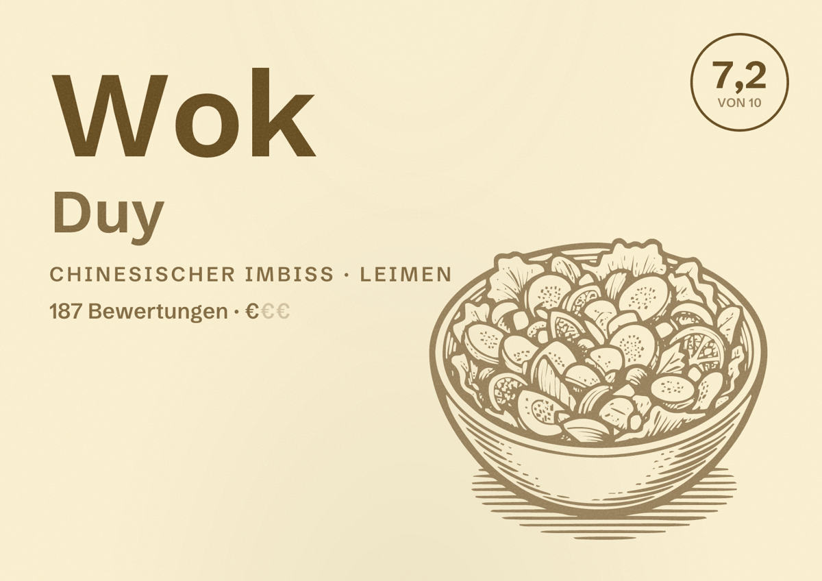 Illustriertes Poster von Wok Duy, Chinesischer Imbiss in Leimen: Bewertung 7,2 von 10 aus 187 Bewertungen, Preisniveau €
