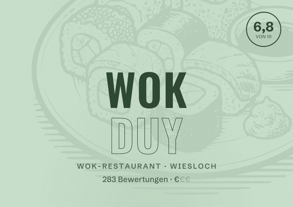 Illustriertes Poster von Wok Duy, Wok-Restaurant in Wiesloch: Bewertung 6,8 von 10 aus 283 Bewertungen, Preisniveau €