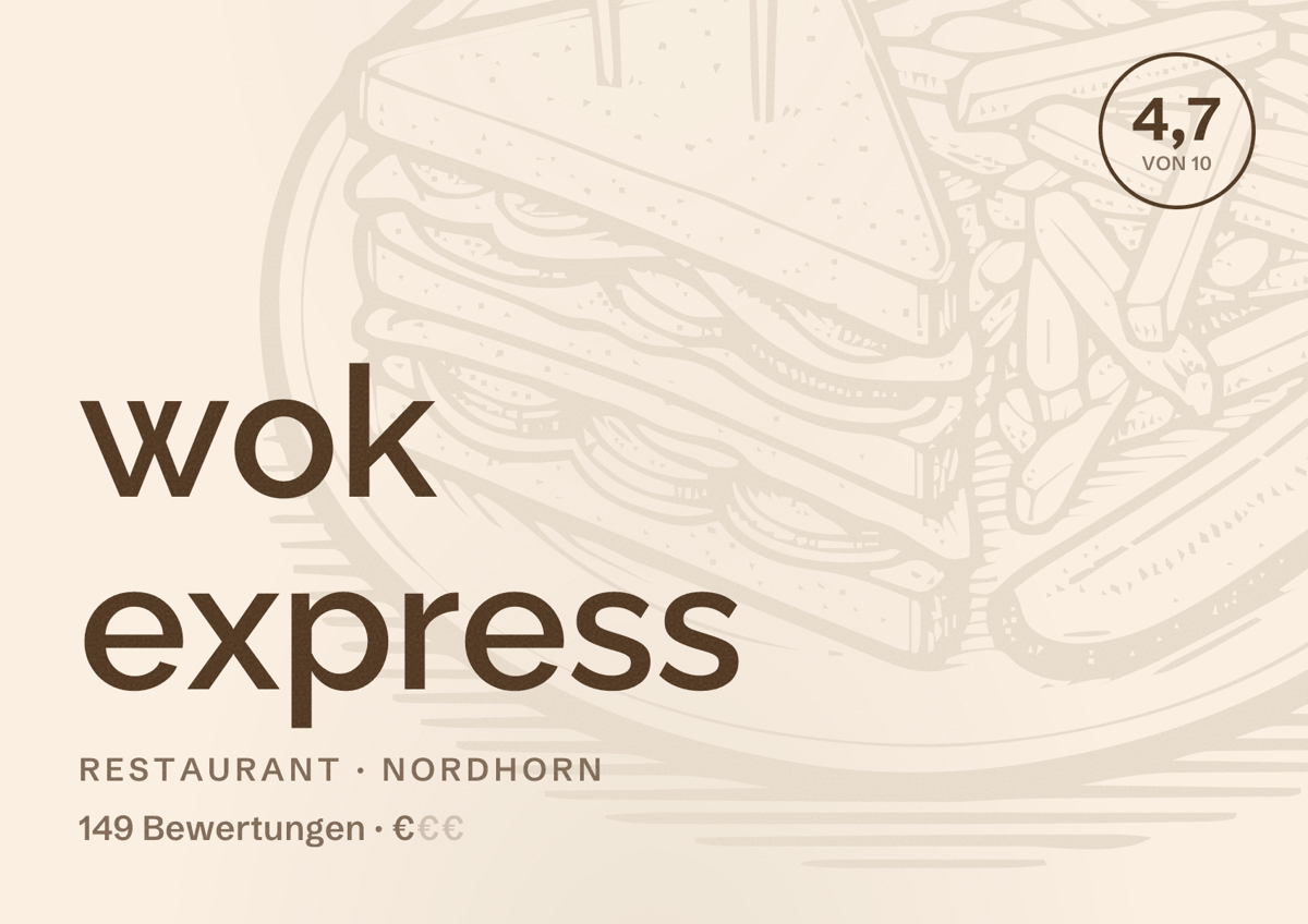 Illustriertes Poster von wok express, Restaurant in Nordhorn: Bewertung 4,7 von 10 aus 149 Bewertungen, Preisniveau €
