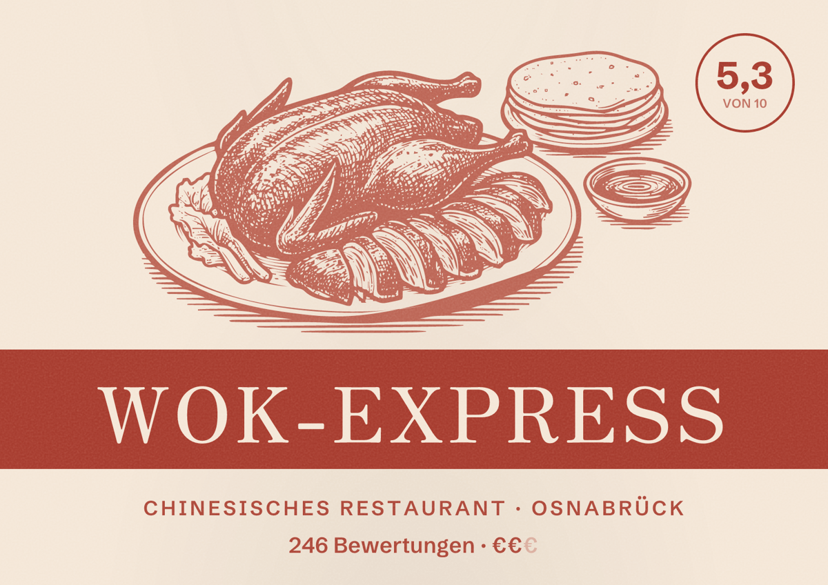 Illustriertes Poster von Wok-Express, Chinesisches Restaurant in Osnabrück: Bewertung 5,3 von 10 aus 246 Bewertungen, Preisniveau €€