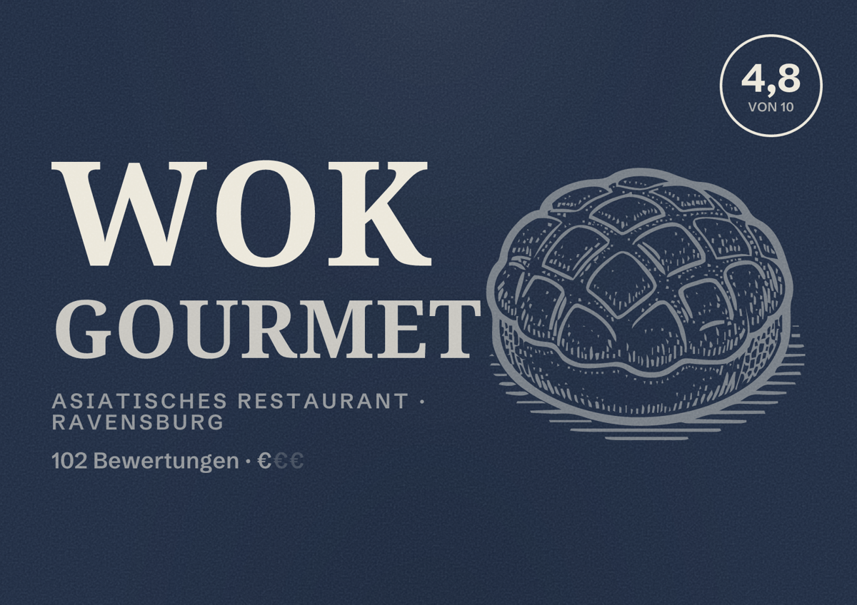 Illustriertes Poster von Wok Gourmet, Asiatisches Restaurant in Ravensburg: Bewertung 4,8 von 10 aus 102 Bewertungen, Preisniveau €