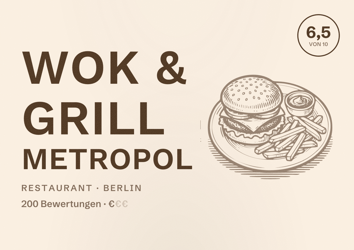 Illustriertes Poster von Wok & Grill metropol, Restaurant in Berlin: Bewertung 6,5 von 10 aus 200 Bewertungen, Preisniveau €