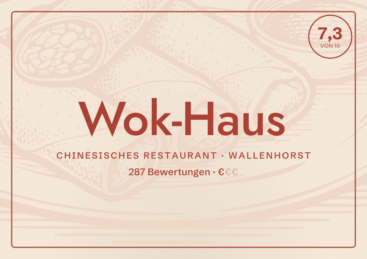 Illustriertes Poster von Wok-Haus, Chinesisches Restaurant in Wallenhorst: Bewertung 7,3 von 10 aus 287 Bewertungen, Preisniveau €
