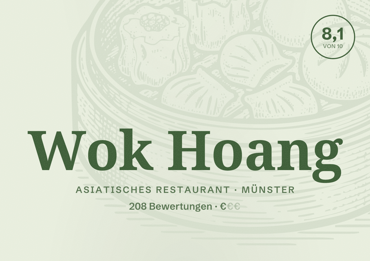 Illustriertes Poster von Wok Hoang, Asiatisches Restaurant in Münster: Bewertung 8,1 von 10 aus 208 Bewertungen, Preisniveau €