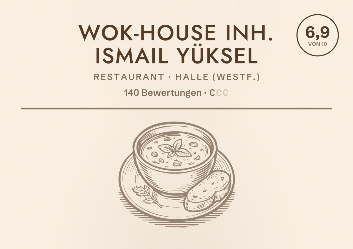 Illustriertes Poster von Wok-House Inh. Ismail Yüksel, Restaurant in Halle (Westf.): Bewertung 6,9 von 10 aus 140 Bewertungen, Preisniveau €