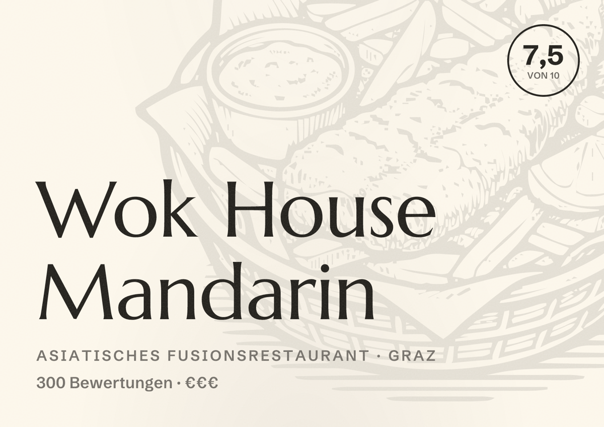 Illustriertes Poster von Wok House Mandarin, Asiatisches Fusionsrestaurant in Graz: Bewertung 7,5 von 10 aus 300 Bewertungen, Preisniveau €€€