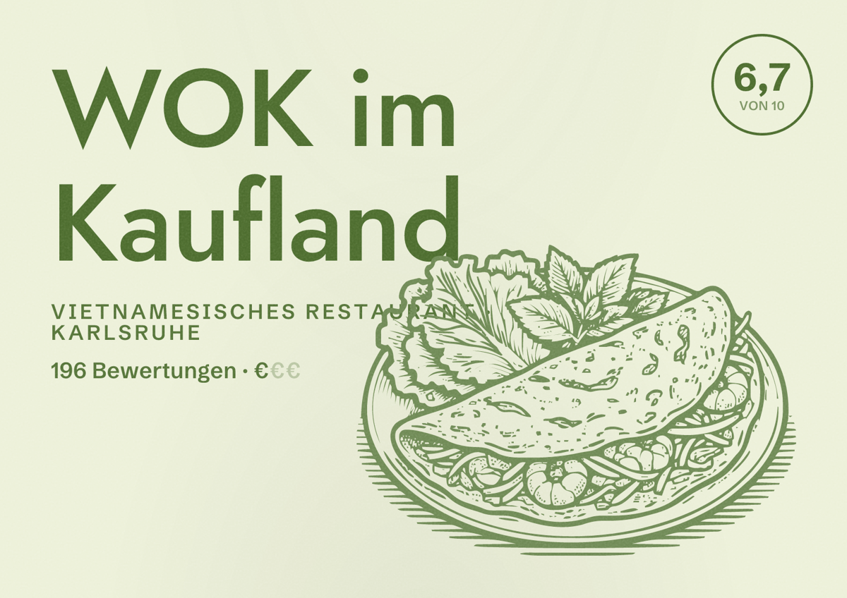 Illustriertes Poster von WOK im Kaufland, Vietnamesisches Restaurant in Karlsruhe: Bewertung 6,7 von 10 aus 196 Bewertungen, Preisniveau €