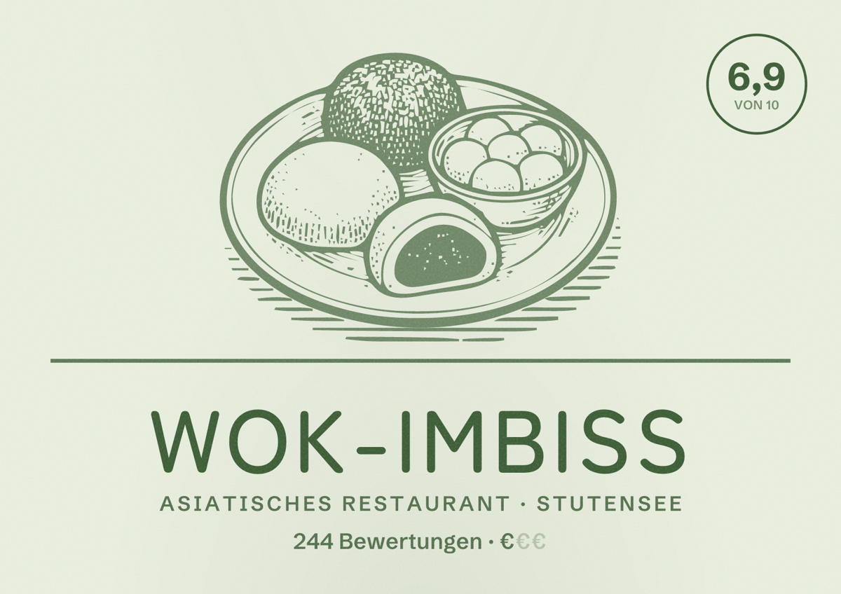 Illustriertes Poster von Wok-Imbiss, Asiatisches Restaurant in Stutensee: Bewertung 6,9 von 10 aus 244 Bewertungen, Preisniveau €