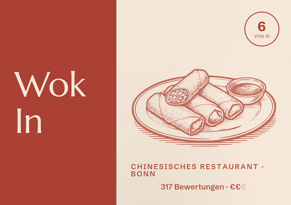 Illustriertes Poster von Wok In, Chinesisches Restaurant in Bonn: Bewertung 6 von 10 aus 317 Bewertungen, Preisniveau €€