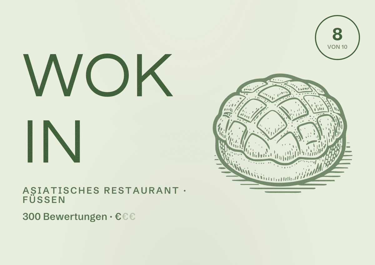 Illustriertes Poster von Wok In, Asiatisches Restaurant in Füssen: Bewertung 8 von 10 aus 300 Bewertungen, Preisniveau €
