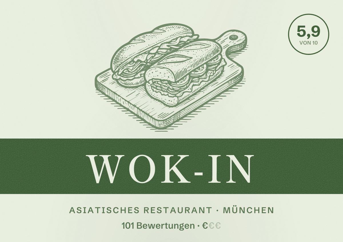 Illustriertes Poster von WOK-IN, Asiatisches Restaurant in München: Bewertung 5,9 von 10 aus 101 Bewertungen, Preisniveau €