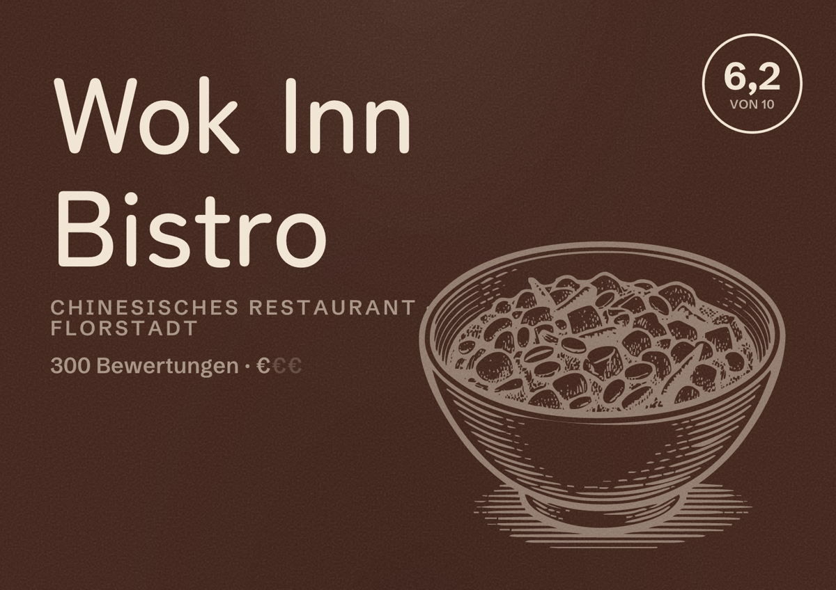 Illustriertes Poster von Wok Inn Bistro, Chinesisches Restaurant in Florstadt: Bewertung 6,2 von 10 aus 300 Bewertungen, Preisniveau €
