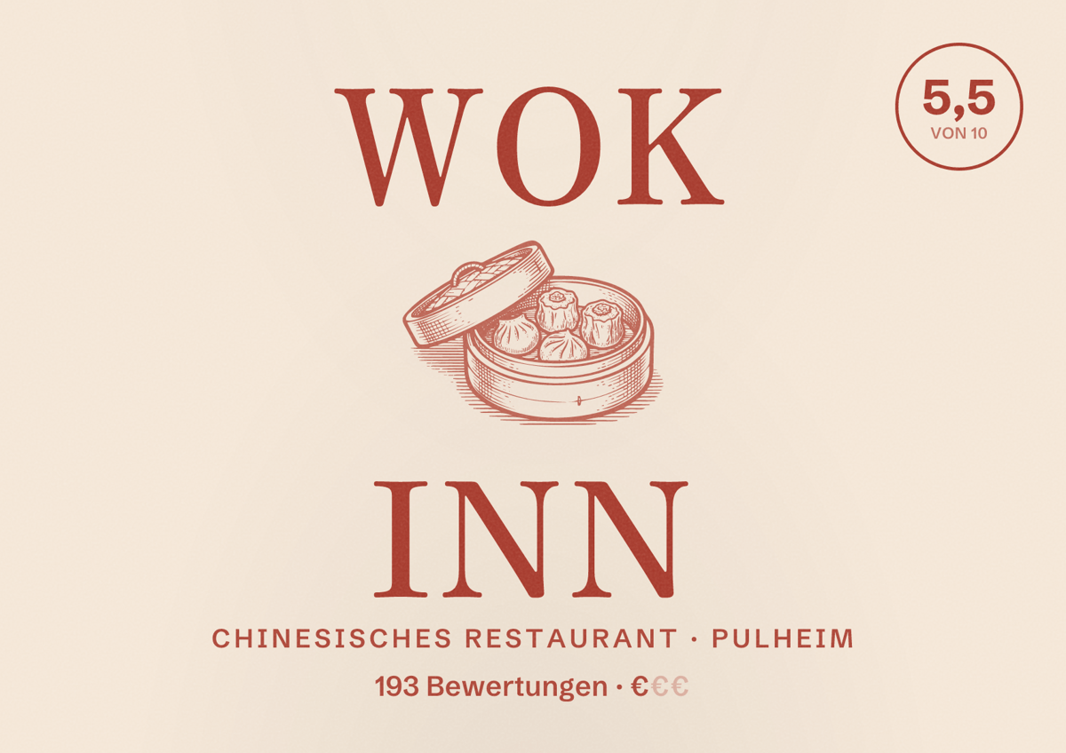 Illustriertes Poster von Wok Inn, Chinesisches Restaurant in Pulheim: Bewertung 5,5 von 10 aus 193 Bewertungen, Preisniveau €