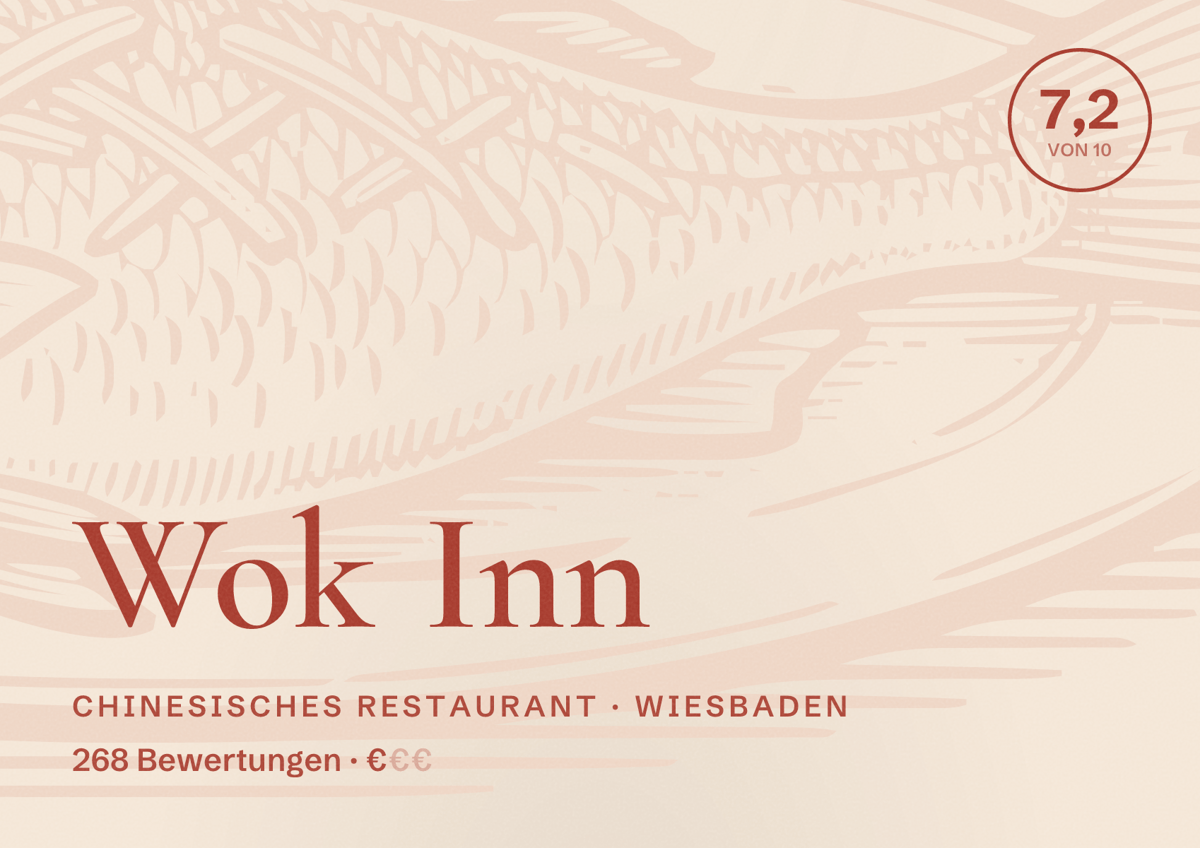 Illustriertes Poster von Wok Inn, Chinesisches Restaurant in Wiesbaden: Bewertung 7,2 von 10 aus 268 Bewertungen, Preisniveau €
