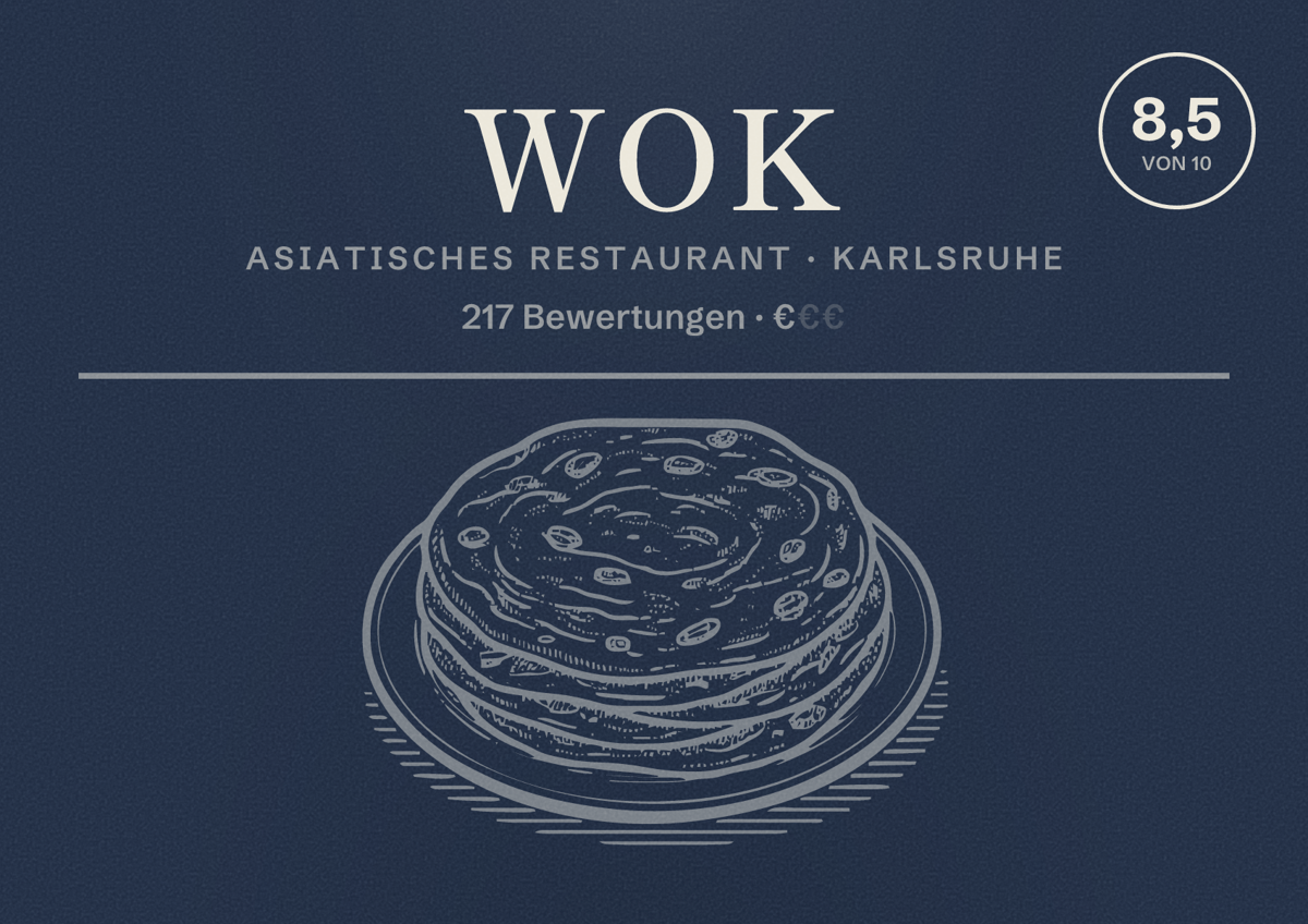 Illustriertes Poster von Wok, Asiatisches Restaurant in Karlsruhe: Bewertung 8,5 von 10 aus 217 Bewertungen, Preisniveau €