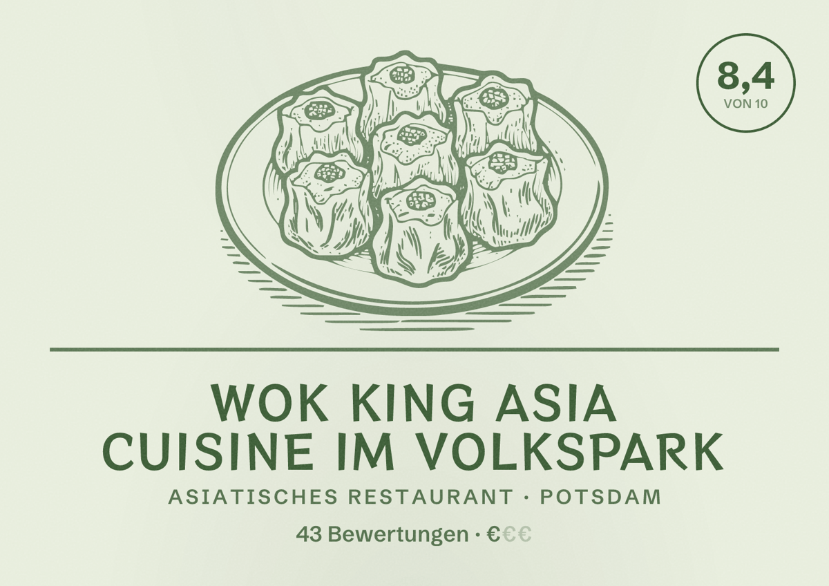Illustriertes Poster von Wok King Asia Cuisine im Volkspark, Asiatisches Restaurant in Potsdam: Bewertung 8,4 von 10 aus 43 Bewertungen, Preisniveau €