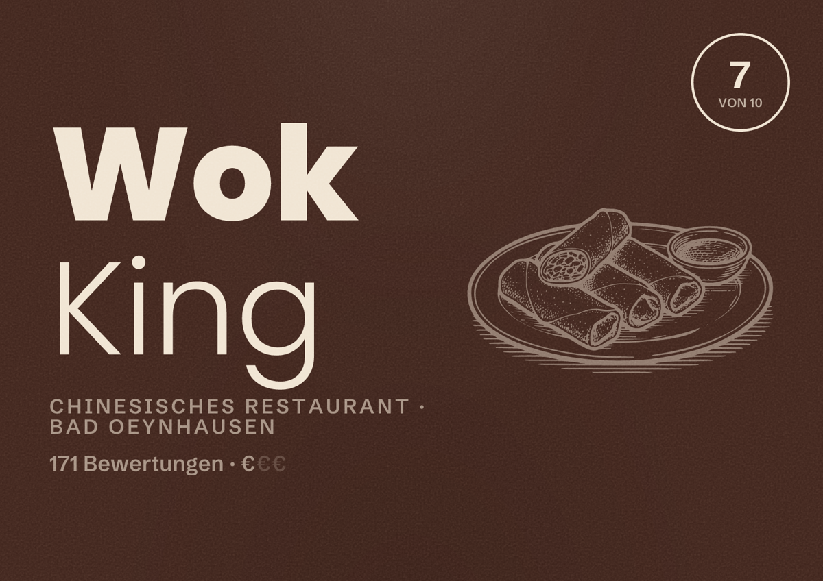 Illustriertes Poster von Wok King, Chinesisches Restaurant in Bad Oeynhausen: Bewertung 7 von 10 aus 171 Bewertungen, Preisniveau €