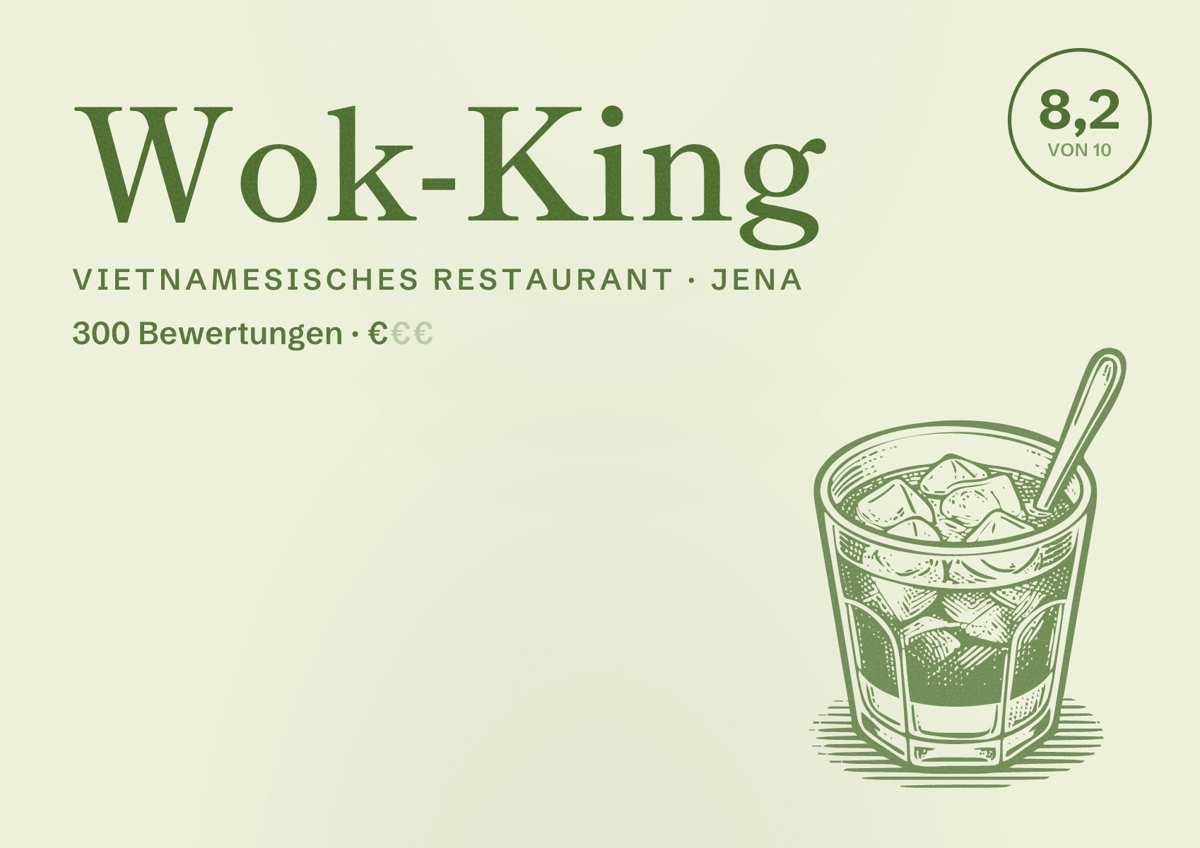 Illustriertes Poster von Wok-King, Vietnamesisches Restaurant in Jena: Bewertung 8,2 von 10 aus 300 Bewertungen, Preisniveau €