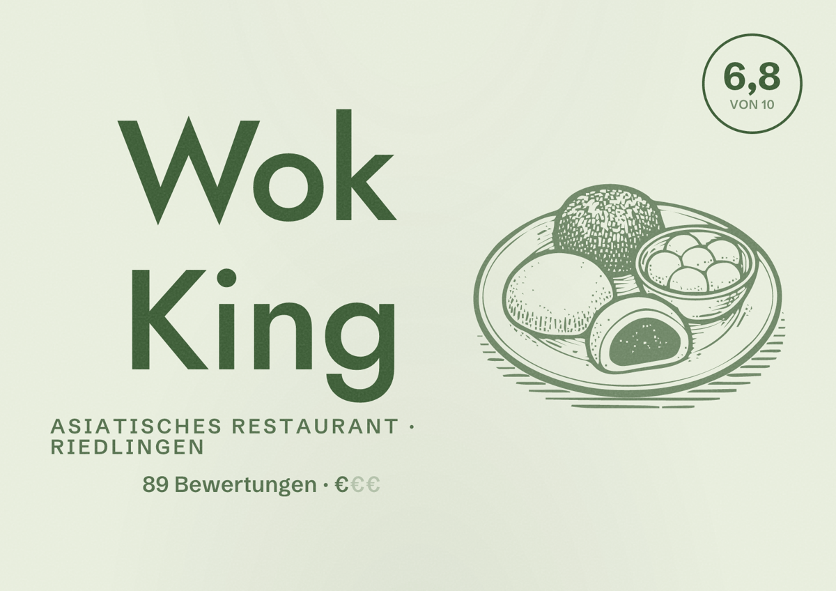 Illustriertes Poster von Wok King, Asiatisches Restaurant in Riedlingen: Bewertung 6,8 von 10 aus 89 Bewertungen, Preisniveau €