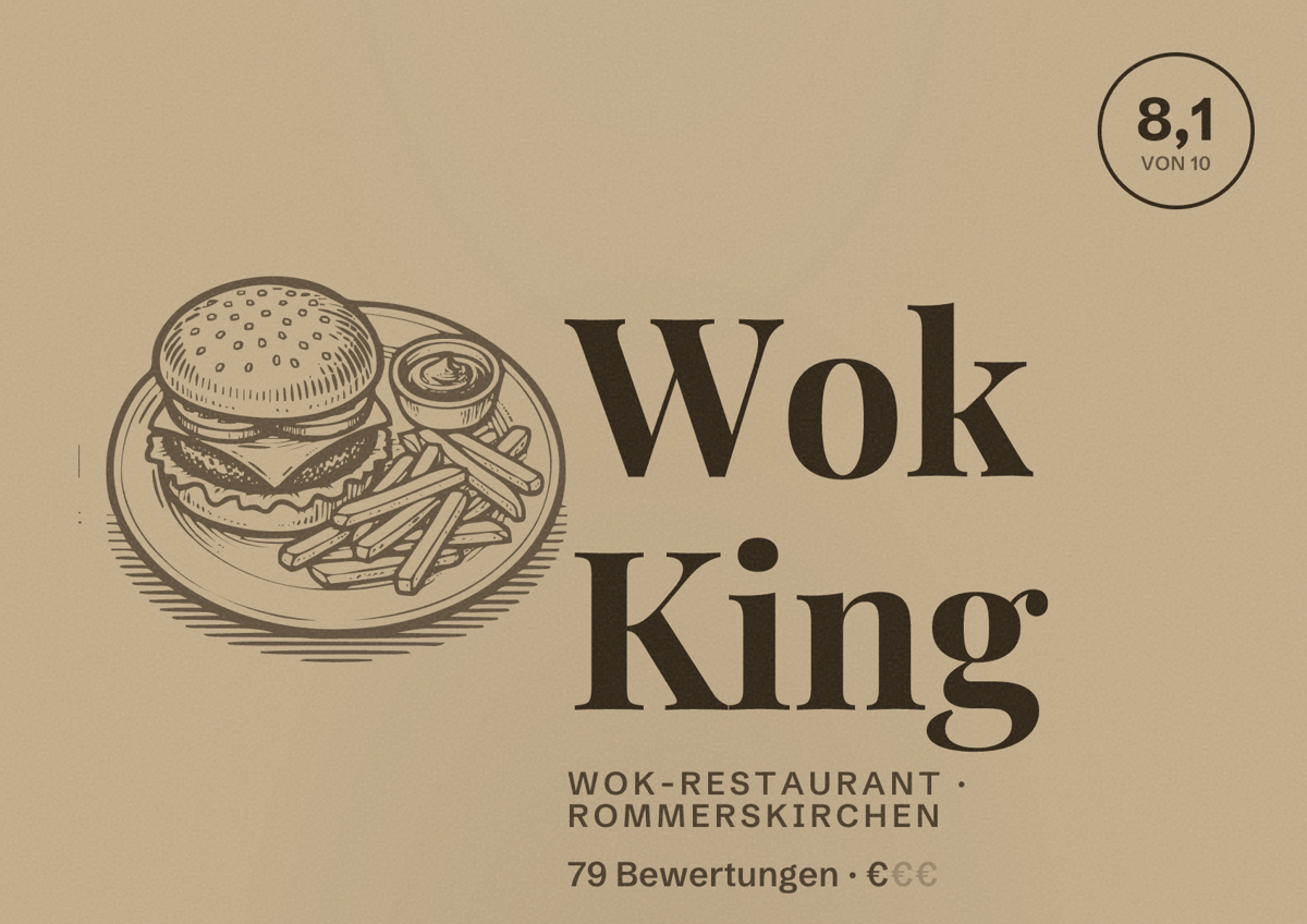 Illustriertes Poster von Wok King, Wok-Restaurant in Rommerskirchen: Bewertung 8,1 von 10 aus 79 Bewertungen, Preisniveau €