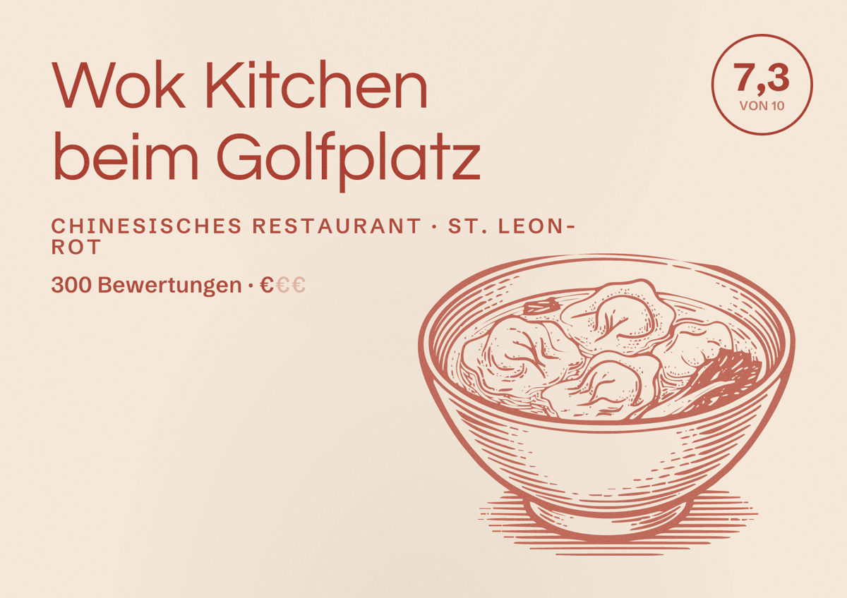 Illustriertes Poster von Wok Kitchen beim Golfplatz, Chinesisches Restaurant in St. Leon-Rot: Bewertung 7,3 von 10 aus 300 Bewertungen, Preisniveau €