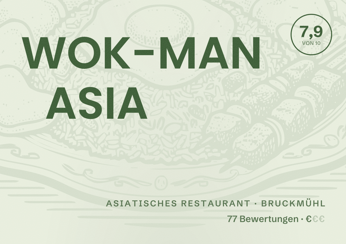 Illustriertes Poster von WOK-MAN ASIA, Asiatisches Restaurant in Bruckmühl: Bewertung 7,9 von 10 aus 77 Bewertungen, Preisniveau €