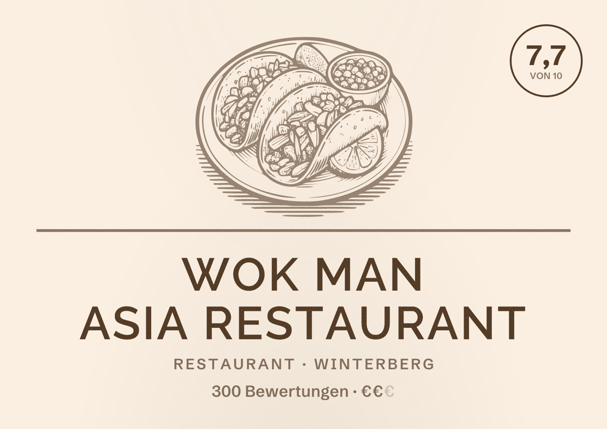 Illustriertes Poster von Wok Man Asia Restaurant, Restaurant in Winterberg: Bewertung 7,7 von 10 aus 300 Bewertungen, Preisniveau €€