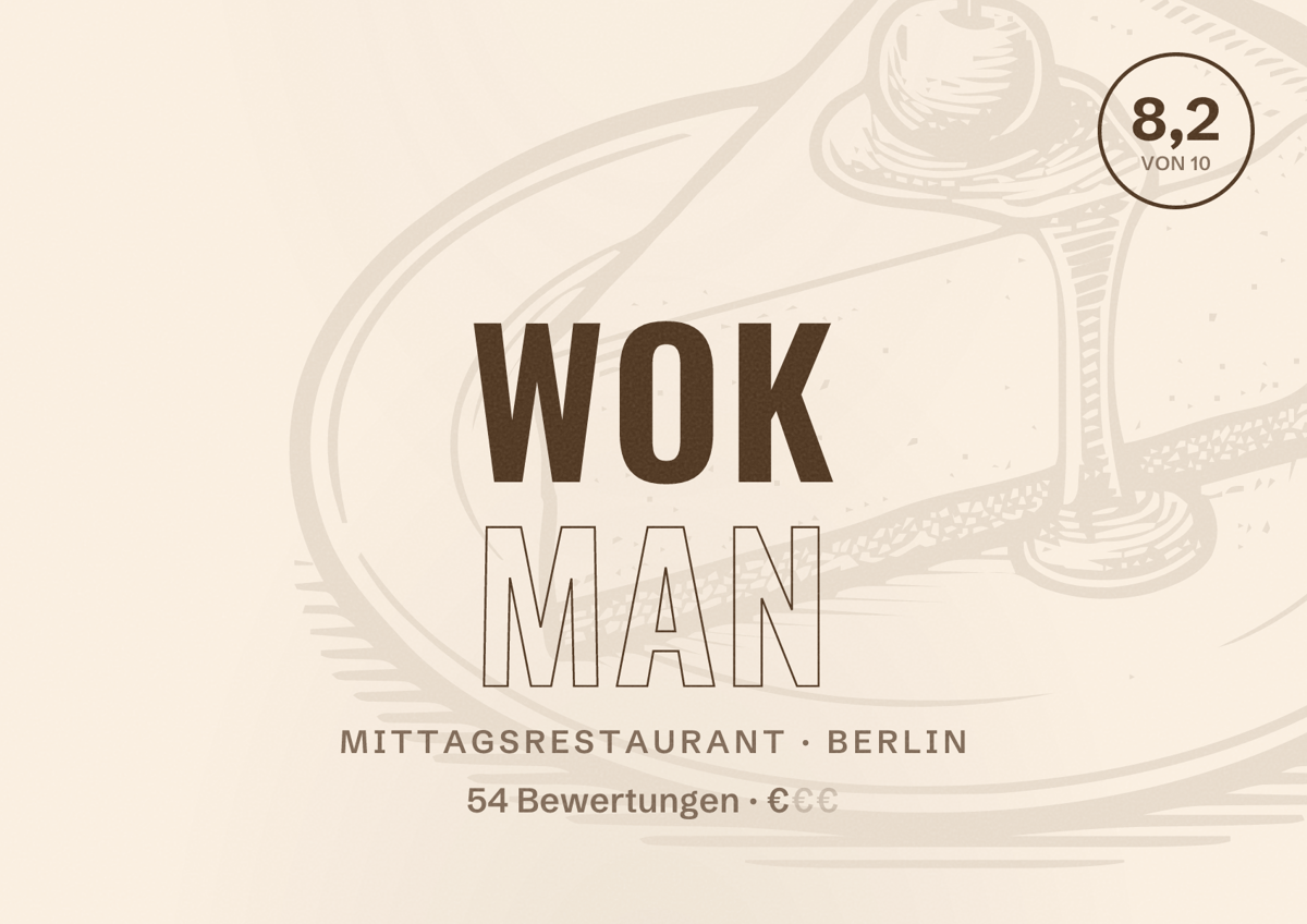 Illustriertes Poster von Wok Man, Mittagsrestaurant in Berlin: Bewertung 8,2 von 10 aus 54 Bewertungen, Preisniveau €