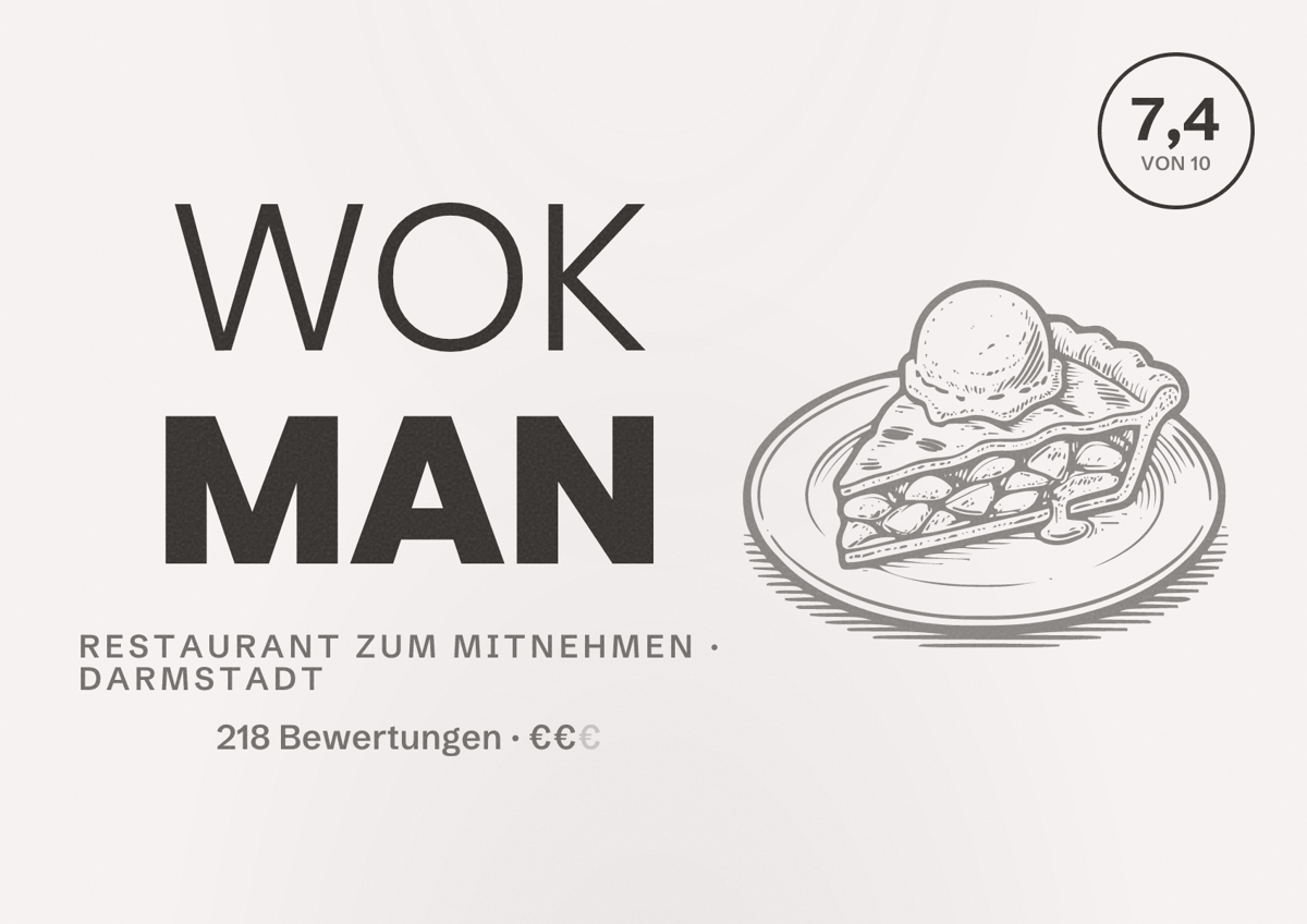 Illustriertes Poster von WOK MAN, Restaurant zum Mitnehmen in Darmstadt: Bewertung 7,4 von 10 aus 218 Bewertungen, Preisniveau €€