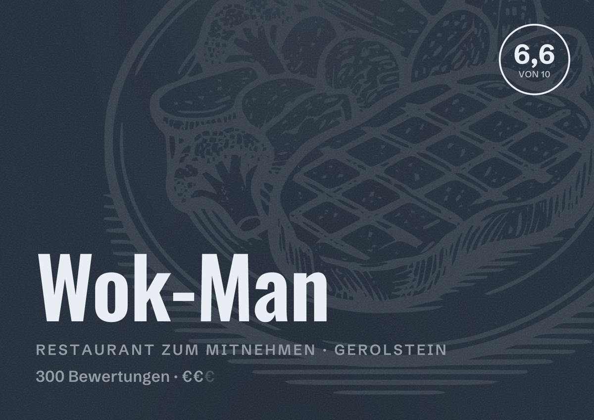 Illustriertes Poster von Wok-Man, Restaurant zum Mitnehmen in Gerolstein: Bewertung 6,6 von 10 aus 300 Bewertungen, Preisniveau €€