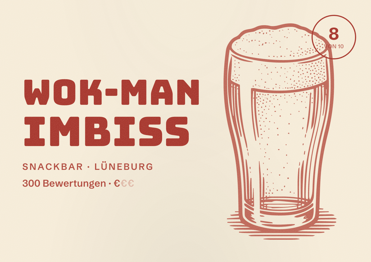 Illustriertes Poster von Wok-Man Imbiss, Snackbar in Lüneburg: Bewertung 8 von 10 aus 300 Bewertungen, Preisniveau €