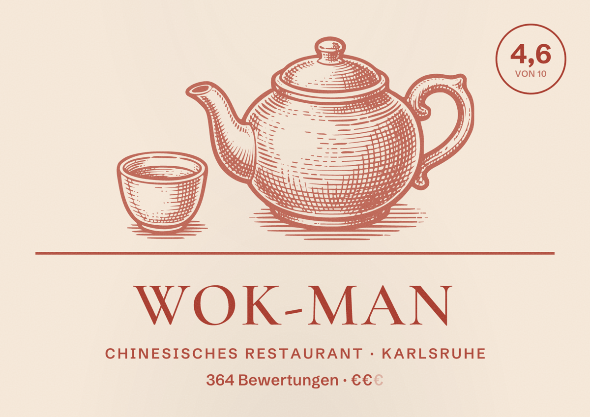 Illustriertes Poster von Wok-Man, Chinesisches Restaurant in Karlsruhe: Bewertung 4,6 von 10 aus 364 Bewertungen, Preisniveau €€