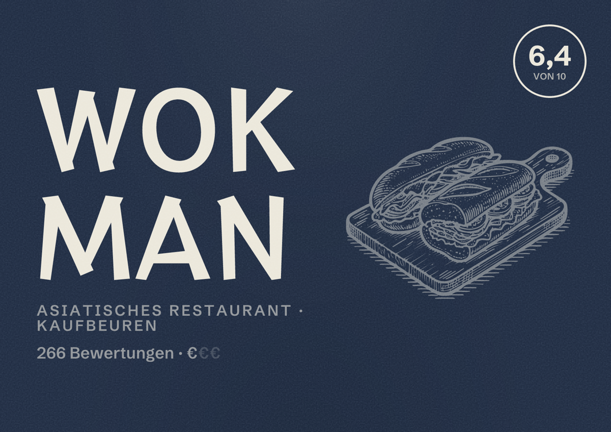 Illustriertes Poster von Wok Man, Asiatisches Restaurant in Kaufbeuren: Bewertung 6,4 von 10 aus 266 Bewertungen, Preisniveau €