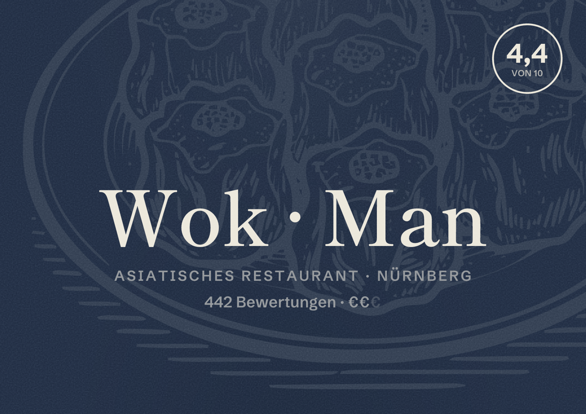 Illustriertes Poster von Wok Man, Asiatisches Restaurant in Nürnberg: Bewertung 4,4 von 10 aus 442 Bewertungen, Preisniveau €€