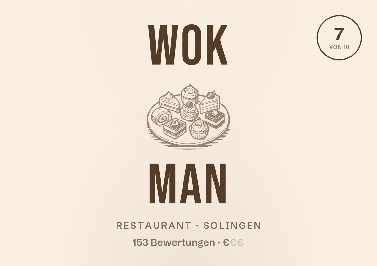 Illustriertes Poster von Wok Man, Restaurant in Solingen: Bewertung 7 von 10 aus 153 Bewertungen, Preisniveau €