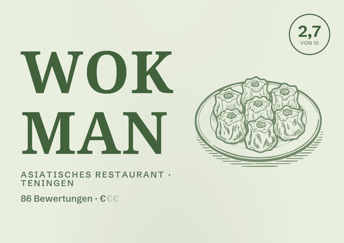 Illustriertes Poster von Wok Man, Asiatisches Restaurant in Teningen: Bewertung 2,7 von 10 aus 86 Bewertungen, Preisniveau €